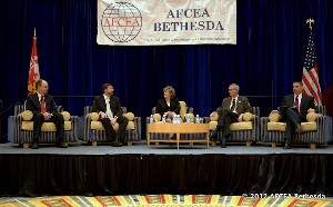 Panelists addressing the chapter in February are (l-r) Roger Baker, assistant secretary of information technology and chief information officer for Virginia; Chris Smith, chief information officer, Department of Agriculture; Lisa Schlosser, deputy administrator, Office of E-Government and Information Technology, Office of Management and Budget; Richard Spires, chief information officer, Department of Homeland Security; and Robert Carey, deputy assistant secretary of defense for information management, integration and technology and deputy chief information officer, Defense Department.